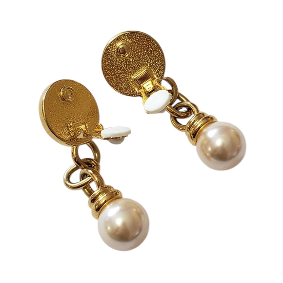 Pearl and Gold Drop Clip Earrings - Picture 3 of 9